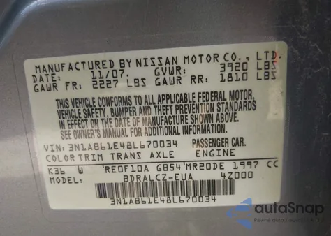 2008 Nissan Sentra 2.0 from USA, damaged, VIN 3N1AB61E48L670034
